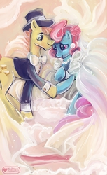Size: 1173x1920 | Tagged: dead source, safe, artist:meownyo, carrot cake, cup cake, earth pony, pony, g4, bowtie, cake, clothes, cute, dress, female, hat, male, straight, suit, tuxedo, wedding, wedding dress