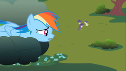 Size: 1366x768 | Tagged: safe, screencap, alula, noi, pluto, rainbow dash, g4, the mysterious mare do well, cloud