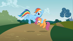 Size: 1366x768 | Tagged: safe, screencap, rainbow dash, scootaloo, pegasus, pony, g4, the mysterious mare do well, derp, female, filly, mare, noogie