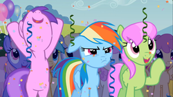 Size: 1366x768 | Tagged: safe, screencap, amethyst star, derpy hooves, dizzy twister, merry may, orange swirl, rainbow dash, rainbowshine, sparkler, sunshower raindrops, twinkleshine, pegasus, pony, g4, the mysterious mare do well, balloon, female, mare, pouting