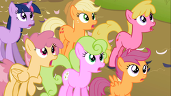 Size: 1366x768 | Tagged: safe, screencap, applejack, cherry berry, daisy, dizzy twister, flower wishes, orange swirl, scootaloo, twilight sparkle, g4, the mysterious mare do well