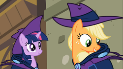 Size: 1366x768 | Tagged: safe, screencap, applejack, twilight sparkle, earth pony, pony, unicorn, g4, the mysterious mare do well, duo, duo female, female, mare, mare do well costume, unicorn twilight