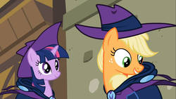 Size: 1366x768 | Tagged: safe, screencap, applejack, twilight sparkle, earth pony, pony, unicorn, g4, my little pony: friendship is magic, the mysterious mare do well, duo, duo female, female, mare, mare do well costume, unicorn twilight