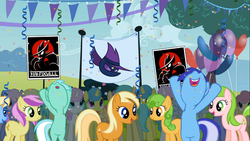 Size: 1366x768 | Tagged: safe, screencap, apple cider (g4), apple cobbler, derpy hooves, dizzy twister, lavender fritter, lemon hearts, lyra heartstrings, minuette, orange swirl, perfect pie, rainbowshine, red gala, sunshower raindrops, twinkleshine, pegasus, pony, g4, the mysterious mare do well, apple family member, bipedal, female, mare, written equestrian