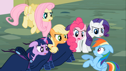 Size: 1366x768 | Tagged: safe, screencap, applejack, fluttershy, pinkie pie, rainbow dash, rarity, twilight sparkle, earth pony, pegasus, pony, unicorn, g4, the mysterious mare do well, female, hatless, mane six, mare, mare do well costume, missing accessory, unicorn twilight