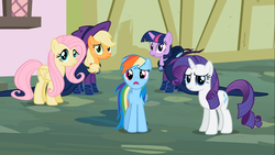 Size: 1366x768 | Tagged: safe, screencap, applejack, fluttershy, rainbow dash, rarity, twilight sparkle, earth pony, pegasus, pony, unicorn, g4, the mysterious mare do well, female, mare, mare do well costume, unicorn twilight