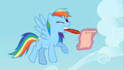 Size: 1366x768 | Tagged: safe, screencap, rainbow dash, pony, g4, the mysterious mare do well, female, flying, grin, looking at you, magic, mouth hold, smiling, solo, spread wings, wink