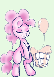 Size: 1280x1804 | Tagged: safe, artist:itsunkownanon, pinkie pie, earth pony, pony, g4, balloon, bipedal, eyes closed, female, present, solo