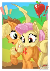 Size: 717x1013 | Tagged: safe, artist:mysticalpha, applejack, fluttershy, bat pony, earth pony, pony, g4, apple, biting, butt, butt bite, drool, duo, exclamation point, fangs, featureless crotch, female, flutterbat, flutterbat biting applejack, freckles, hat, literal butthurt, looking back, mare, movie quote in the comments, nom, open mouth, plot, raised hoof, smiling, this will end in tears, underhoof, wide eyes