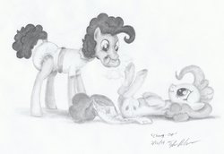 Size: 1280x883 | Tagged: safe, artist:millenniumf, cheese sandwich, pinkie pie, earth pony, pony, g4, butt, cute, diacheeses, diaper, diaper change, diaper fetish, diapinkes, female, foal powder, lying down, male, mare, monochrome, mouth hold, non-baby in diaper, on back, open diaper, plot, ship:cheesepie, shipping, straight
