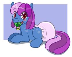 Size: 900x714 | Tagged: safe, artist:toddlergirl, oc, oc only, oc:speckle, pony, baby, baby pony, diaper, foal, pacifier, poofy diaper, solo