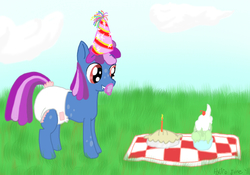 Size: 600x419 | Tagged: safe, artist:hydroftt, oc, oc only, oc:speckle, birthday, diaper, hat, ice cream, pacifier, party hat, pie, poofy diaper