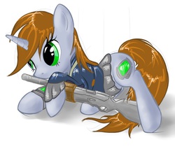 Size: 657x560 | Tagged: dead source, safe, artist:nyashaponyasha, oc, oc only, oc:littlepip, pony, unicorn, fallout equestria, clothes, cute, fanfic, fanfic art, female, glowing horn, gun, hooves, horn, jumpsuit, levitation, magic, mare, pipabetes, pipbuck, simple background, solo, telekinesis, vault suit, weapon, white background