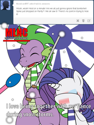 Size: 600x800 | Tagged: safe, artist:dekomaru, rarity, spike, dragon, pony, unicorn, tumblr:ask twixie, g4, ask, blushing, clothes, female, male, mare, meme, microphone, older, scarf, ship:sparity, shipping, snow, special feeling, straight, tumblr, umbrella