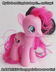 Size: 514x661 | Tagged: safe, pinkie pie, g4, official, alternate hairstyle, brushable, goth, gothic pinkie, image macro, irl, meme, photo, pinkie pie's boutique, toy