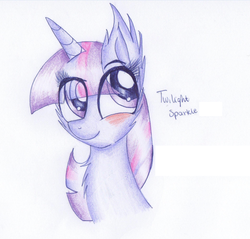 Size: 916x875 | Tagged: safe, artist:violetdraw, twilight sparkle, g4, blushing, female, portrait, solo, traditional art