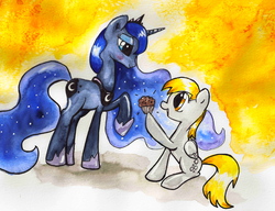 Size: 5644x4326 | Tagged: safe, artist:nightrosi, derpy hooves, princess luna, alicorn, pegasus, pony, g4, absurd resolution, duo, duo female, female, mare, traditional art