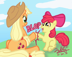 Size: 1024x815 | Tagged: safe, artist:hotdog, apple bloom, applejack, g4