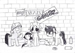 Size: 900x636 | Tagged: safe, artist:chinchillaplum, pony, 2-d, gorillaz, monochrome, murdoc, noodle, ponified, russel, traditional art, wall