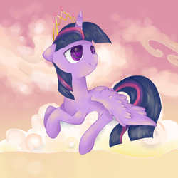 Size: 3000x3000 | Tagged: safe, artist:cloudlety, twilight sparkle, alicorn, pony, g4, cloud, cloudy, female, floppy ears, new crown, prone, smiling, solo, spread wings, twilight sparkle (alicorn), wingding eyes