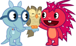 Size: 1146x697 | Tagged: safe, artist:porygon2z, owlowiscious, anteater, bird, owl, porcupine, g4, awwlowiscious, crossover, cute, flaky, happy tree friends, no pony, simple background, sniffles (happy tree friends), this will end in tears and/or death, transparent background, vector