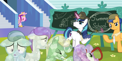 Size: 1800x900 | Tagged: safe, artist:facelessjr, flash sentry, princess cadance, shining armor, crystal pony, pony, g4, campaign hat, chalk, chalkboard, colt, facehoof, fake screencap, filly, glasses, necktie, riding crop, this will end in tears