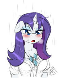 Size: 278x336 | Tagged: safe, artist:pia-sama, rarity, unicorn, anthro, comic:rogue diamond, :o, bedroom eyes, blushing, clothes, female, floppy ears, open mouth, panting, rain, simple background, solo, wet, wet mane, wet mane rarity, white background