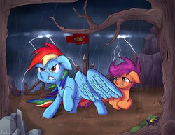 Size: 1018x785 | Tagged: dead source, safe, artist:cuckooparty, rainbow dash, scootaloo, g4, big sister instinct, fight, flag, lightning, protecting, rain, scootalove