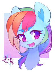 Size: 671x866 | Tagged: dead source, safe, artist:lolopan, artist:spittfireart, rainbow dash, pegasus, pony, g4, abstract background, bust, colored pupils, cute, cute little fangs, dashabetes, ear fluff, fangs, female, heart eyes, open mouth, portrait, solo, wingding eyes