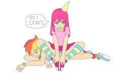 Size: 900x538 | Tagged: safe, artist:moe-kawaii-sunshine, pinkie pie, rainbow dash, human, g4, party of one, clothes, cutie mark underwear, hat, humanized, light skin, panties, party hat, pinkamena diane pie, scene interpretation, skirt, underwear, upskirt, white underwear