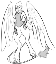 Size: 1384x1589 | Tagged: safe, artist:nobody, oc, oc only, oc:alex, satyr, claws, frown, monochrome, offspring, parent:gilda, sketch, solo, spread wings