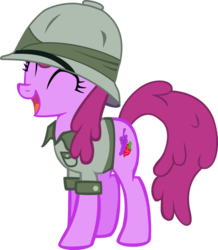 Size: 835x957 | Tagged: safe, artist:mellonyan, berry punch, berryshine, g4, berrybetes, clothes, costume, cute, explorer outfit, eyes closed, female, happy, hat, open mouth, pith helmet, simple background, smiling, solo, transparent background, vector