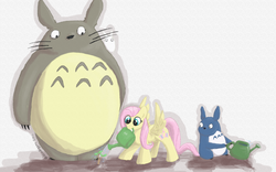 Size: 900x563 | Tagged: safe, artist:bibliodragon, fluttershy, g4, crossover, my neighbor totoro, totoro, watering can