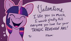 Size: 1509x875 | Tagged: safe, artist:pixel-prism, twilight sparkle, pony, unicorn, g4, eyes closed, female, hearts and hooves day, mare, open mouth, solo, unicorn twilight, valentine, valentine's day, yandere, yanderelight sparkle