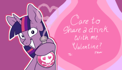 Size: 1509x875 | Tagged: safe, artist:pixel-prism, twilight sparkle, pony, unicorn, g4, female, hearts and hooves day, love poison, mare, poison, slasher smile, solo, twilight snapple, unicorn twilight, valentine, valentine's day