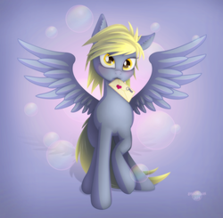 Size: 3000x2940 | Tagged: safe, artist:shaadorian, derpy hooves, pegasus, pony, g4, bubble, female, heart, letter, mare, mouth hold, solo, valentine's day