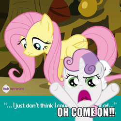 Size: 550x550 | Tagged: safe, angel bunny, fluttershy, sweetie belle, filli vanilli, g4, my little pony: friendship is magic, official, caption, hub logo, hubble, image macro, meme, oh come on