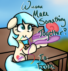 Size: 500x528 | Tagged: safe, artist:surpriseluvs, coco pommel, g4, female, hat, mouth hold, rainbow thread, solo, valentine