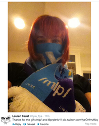Size: 1014x1292 | Tagged: safe, princess luna, human, g4, /mlp/, 4chan, 4chan cup, 4chan cup scarf, clothes, irl, irl human, lauren faust, meta, photo, scarf, twitter