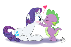 Size: 1200x791 | Tagged: safe, artist:pia-sama, rarity, spike, dragon, pony, unicorn, g4, age difference, blushing, cute, duo, eyes closed, female, floppy ears, heart, holding head, kiss on the lips, kissing, male, mare, nose wrinkle, prone, ship:sparity, shipping, signature, simple background, straight, surprise kiss, surprised, white background, wide eyes