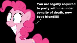 Size: 2490x1386 | Tagged: safe, pinkie pie, g4, female, law, party, smiling, solo, text, tyrant pinkie