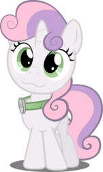 Size: 900x1492 | Tagged: source needed, safe, artist:felix-kot, edit, editor:zparitythemajestic, sweetie belle, pony, unicorn, g4, :3, collar, cute, diasweetes, female, pet collar, pet tag, simple background, solo, transparent background