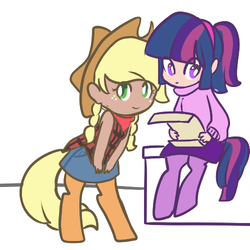 Size: 500x500 | Tagged: safe, artist:mt, oc, oc only, oc:cinnamon cider, oc:glimmer, satyr, clothes, duo, looking at you, offspring, parent:applejack, parent:twilight sparkle, scroll, sitting, skirt, smiling, standing