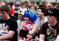 Size: 499x350 | Tagged: artist needed, safe, dj pon-3, pinkie pie, vinyl scratch, human, g4, cosplay, irl, irl human, photo, plushie