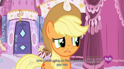 Size: 640x355 | Tagged: safe, edit, edited screencap, screencap, applejack, g4, simple ways, caption, carousel boutique, female, hub logo, meme, solo, youtube caption