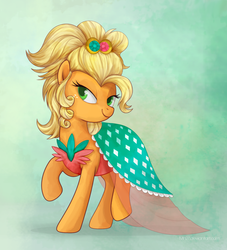 Size: 1201x1321 | Tagged: safe, artist:mn27, applejack, earth pony, pony, g4, season 4, simple ways, applejewel, clothes, dress, female, looking at you, mare, smiling, smiling at you, solo