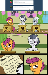Size: 1280x2014 | Tagged: safe, artist:cosmonaut, rumble, scootaloo, silver spoon, lets ask rumble, g4, ask, bedroom eyes, comic, desk, female, male, note, passing notes, ship:rumbloo, shipping, straight, tumblr, unshorn fetlocks