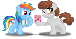 Size: 1024x531 | Tagged: safe, artist:aleximusprime, rainbow dash, oc, oc:dreamer, g4, blushing, canon x oc, crush, embarrassed, female, giggling, goggles, male, nervous, rainmer, simple background, straight, sweatdrop, transparent background, valentine