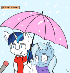 Size: 1483x1561 | Tagged: safe, artist:mooniearts, shining armor, trixie, g4, adultery, clothes, female, infidelity, interview, male, scarf, ship:shintrix, shipping, snow, snowfall, special feeling, straight, umbrella