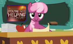 Size: 1000x600 | Tagged: safe, edit, screencap, cheerilee, family appreciation day, g4, apple, chalkboard, classroom, desk, eraser, female, paper, ponyville schoolhouse, reading, solo, the daily show